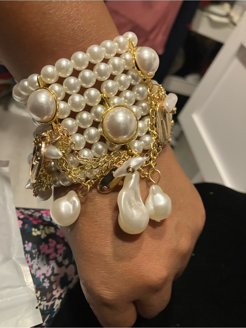 Gold & White Pearl Multi-Strand Charm Bracelet - Women's Jewelry